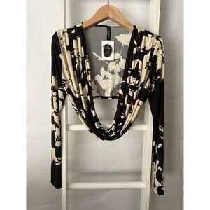 Golden Chic Shirt Womens XL Black Cream Long Sleeve Drape Top Blouse NEW